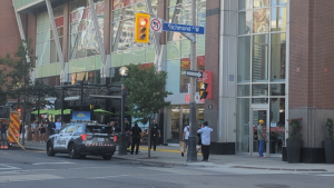 Police are on the scene of a stabbing in the area of John and Richmond Streets in downtown Toronto on Saturday, July 6, 2024. (CP24)