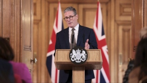 British Prime Minister Keir Starmer delivers a speech following his first cabinet meeting as Prime Minister, in London, Saturday July 6, 2024. (Claudia Greco/Pool via AP)