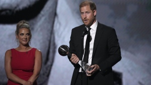 Prince Harry speaks after receiving the Pat Tillman Award For Service at the ESPY awards on Thursday, July 11, 2024, at the Dolby Theatre in Los Angeles. (AP Photo/Mark J. Terrill)