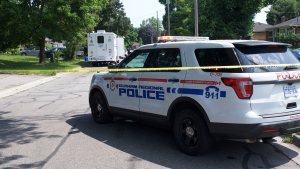 Durham police are on the scene of a fatal double shooting in Oshawa on Saturday, July 13, 2024. (Simon Sheehan/CP24)