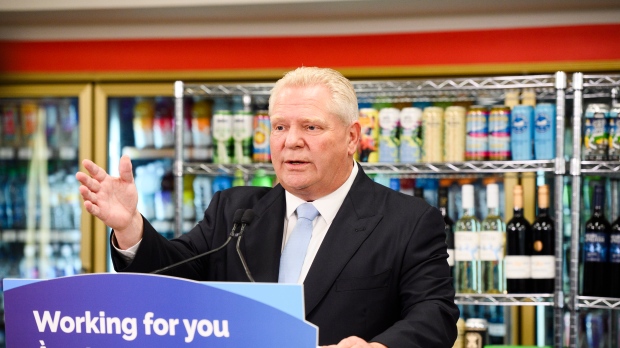 Ontario Premier Doug Ford makes an announcement at a gas station saying the province is speeding up the expansion of alcohol sales, in Toronto on Friday, May 24, 2024. THE CANADIAN PRESS/Christopher Katsarov