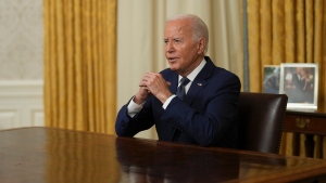 President Joe Biden addresses the nation from the Oval Office of the White House in Washington, Sunday, July 14, 2024, about the assassination attempt of Republican presidential candidate former President Donald Trump at a campaign rally in Pennsylvania. (Erin Schaff/The New York Times via AP, Pool)