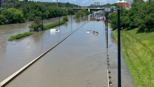 The DVP in Toronto is completely submerged following a torrential downpour, Tuesday, July 16, 2024. (Natalie Johnson / CTV News Toronto)