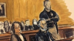 In this courtroom sketch, Guo Wengui, seated center, and his attorney, Tamara Giwa, left, appear in federal court in New York, March 15, 2023. 