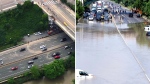 On the left the Don Valley Parkway is shown shortly after it was reopened on Wednesday morning. On the right the highway is shown flooded following torrential rain on Tuesday. (CP24)