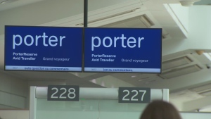 A Porter Airlines sign is seen at Toronto Pearson International Airport on July 19, 2024.