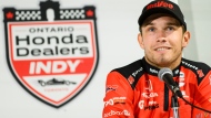 Christian Lundgaard participates in a press conference ahead of the 2024 Ontario Dealers Honda Indy, in Toronto on Thursday, July 18, 2024. THE CANADIAN PRESS/Christopher Katsarov