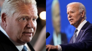 Ontario Premier Doug Ford (left) says he "felt sorry" for U.S. President Joe Biden (right) following last month's presidential debate. Ford made the comments after news of Biden's step back from the 2024 election broke on July 21, 2024. (THE CANADIAN PRESS/Darren Calabrese and AP Photo/Susan Walsh)