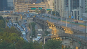 Several westbound lanes on the Gardiner Expressway are closed after a collision on Tuesday, July 23, 2024. (CP24)