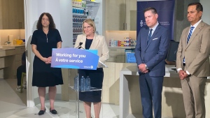 Ontario Health Minister Sylvia Jones speaks at a pharmacy Wednesday July 24, 2024. 