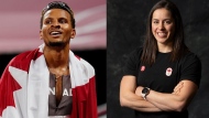 Decorated sprinter Andre De Grasse and Olympic weightlifting champion Maude Charron, shown in these recent file photos, will carry Canada's flag into the opening ceremonies of the 2024 Olympic Games in Paris on Friday. THE CANADIAN PRESS/Frank Gunn, Christinne Muschi
