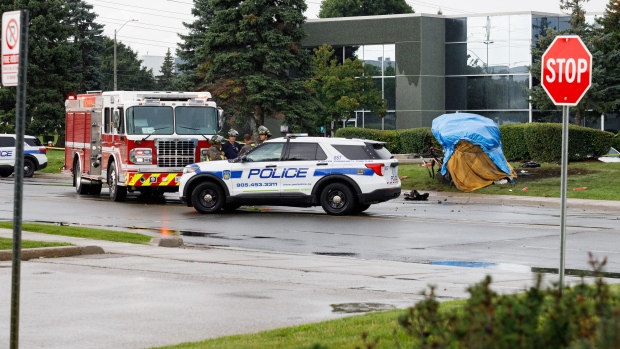 Police are on the scene of a fatal collision at the intersection of McLauglin Road and Britannia Road West in Mississauga on Wednesday, July 24, 2024. (Jacob Estrin/CTV News Toronto)