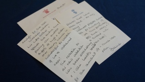 A series of handwritten letters sent by Diana, Princess of Wales, to housekeeper Violet Collison, which are going up for sale at Sworders Fine Art Auctioneers in Stansted Mountfitchet, Essex, on July 30. (Joe Giddens / PA Images / Getty Images via CNN Newsource)