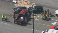 Crews are on the scene of a three-vehicle collision at Steeles Avenue West and Steinway Boulevard in Toronto on Thursday, July 25, 2024. (Chopper 24)