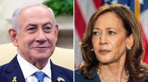 This combination photo shows Israeli Prime Minister Benjamin Netanyahu, left, in the Oval Office of the White House in Washington, July 25, 2024, and Vice President Kamala Harris during an event, July 23, in West Allis, Wis. (AP Photo)