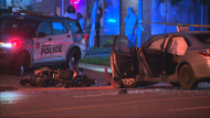 Police are on the scene of a fatal collision between a motorcycle and a car in Scarborough on Thursday, July 25, 2024. (CTV News Toronto)