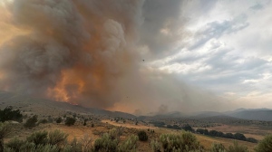 In this image provided by the U.S. Department of Agriculture Forest Service, smoke rises from a wildfire on Monday, July 22, 2024, near Durkee, Ore. (Brett Brown/USDA Forest Service via AP)