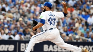 Toronto Blue Jays relief pitcher Yimi Garcia (93) throws to a Detroit Tigers batter in ninth inning American League baseball action in Toronto on Saturday, July 20, 2024. THE CANADIAN PRESS/Jon Blacker