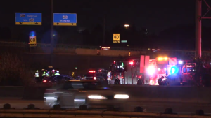 A motorcyclist has died following a five-vehicle crash on Highway 401 in Mississauga on July 28. (Screengrab of footage by Jacob Estrin/CTV news Toronto) 