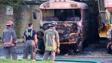 school bus, fire