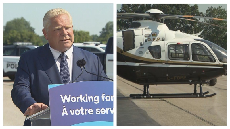 Premier Doug Ford is shown at a news conference on July 29. Ontario is purchasing five new helicopters for police services in the GTA and Ottawa. (CP24)