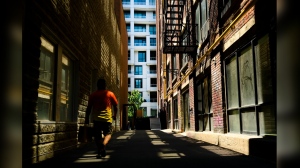 A new report says rents in Canada's mostly densely populated region have dipped for the first time in three years. A man walks between two apartment buildings in downtown Toronto on Thursday, June 10, 2021. THE CANADIAN PRESS/Nathan Denette