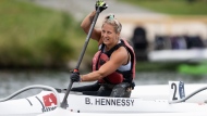 Brianna Hennessy of Canada reacts after winning silver in the VL2 Women 200m during the ICF Canoe Sprint and Paracanoe World Championships in Dartmouth, N.S. on Friday, August 5, 2022. (Darren Calabrese / The Canadian Press)