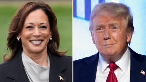 This combination photo shows U.S. Vice President Kamala Harris, left, at the White House in Washington, July 22, 2024, and Republican presidential candidate former President Donald Trump at an event July 26, 2024, in West Palm Beach, Fla. (AP Photo)