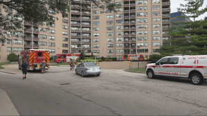 Toronto Fire crews are on the scene of an apartment blaze in Etobicoke on Friday, Aug. 2, 2024. (Jacob Estrin/CTV News Toronto)