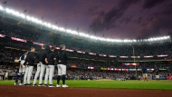 New York Yankees players stand on the field during Canada's national anthem before a baseball game against the Toronto Blue Jays, Friday, Aug. 2, 2024, in New York. (AP Photo/Pamela Smith)