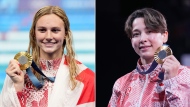 In this combination photo, Summer McIntosh (left) and Christa Deguchi celebrate their gold medal won at the 2024 Summer Olympic Games. THE CANADIAN PRESS/Christinne Muschi