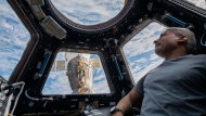 In this photo provided by NASA, U.S. astronaut and Expedition 66 Flight Engineer Mark Vande Hei peers at the Earth below from inside the seven-windowed cupola, the International Space Station's window to the world on Feb. 4, 2022. (Kayla Barron/NASA via AP, File)