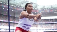 Camryn Rogers of Canada competes in the women's hammer throw qualification at the 2024 Summer Olympics, Sunday, Aug. 4, 2024, in Saint-Denis, France. After Ethan Katzberg won the men’s hammer throw at the Paris Olympics, it’s Rogers’ turn to go for gold in the women’s.THE CANADIAN PRESS/AP/Bernat Armangue