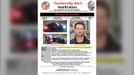 This notification provided by the Los Angeles Police Department shows images of three suspects and the getaway car used in the killing of former "General Hospital" actor Johnny Wactor in downtown Los Angeles when he interrupted thieves stealing the catalytic converter from his car. (Los Angeles Police Department via AP)