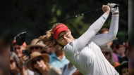 Canada's Brooke Henderson hits a tee shot on the second hole during the final round at the LPGA Canadian Women's Open golf tournament in Calgary, Alta., Sunday, July 28, 2024.THE CANADIAN PRESS/Jeff McIntosh