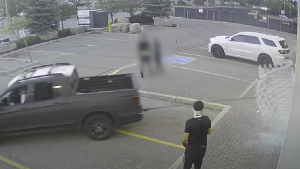 Video released by York Regional Police shows a truck pulling a gateway off a business in Mississauga. (YRP)