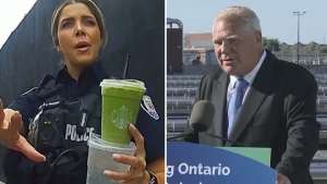 A Toronto police officer who appeared to give a citizen the middle finger during an interaction over parking last week is shown on the left in an image taken from a video circulating on social media. On the right Premier Doug Ford is shown speaking with reporters in Mississauga on Wednesday, Aug. 7.