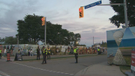 Police are on the scene of a hit and run on Lake Shore Boulevard West that left an officer injured on Wednesday, Aug. 7, 2024. (CP24)