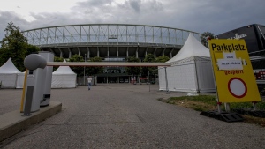 Outside view of the Ernst Happel stadium in Vienna on Thursday, Aug.8, 2024. (AP Photo/Heinz-Peter Bader)