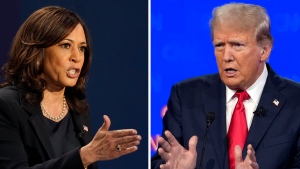 Then-Democratic U.S. vice-presidential candidate Sen. Kamala Harris, D-Calif., speaks during a debate, Oct. 7, 2020, in Salt Lake City, left, and Republican presidential candidate former U.S. president Donald Trump speaks during a debate, June 27, 2024, in Atlanta. (AP Photo)