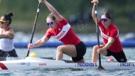 Canada's Sloan MacKenzie and Katie Vincent compete in the women's canoe double 500-meter finals at the 2024 Summer Olympics, Friday, Aug. 9, 2024, in Vaires-sur-Marne, France. (AP Photo/Ebrahim Noroozi)