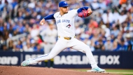 Toronto Blue Jays pitcher Jose Berrios (17) throws a pitch during first inning MLB baseball action against the Oakland Athletics, in Toronto on Friday, August 9, 2024. THE CANADIAN PRESS/Christopher Katsarov