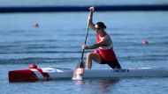 Katie Vincent, from Mississauga, Ont. races in the 200mcanoe semifinal at the Summer Olympics, Saturday, August 10, 2024 in Vaires-sur-Marne, France. THE CANADIAN PRESS/Adrian Wyld 