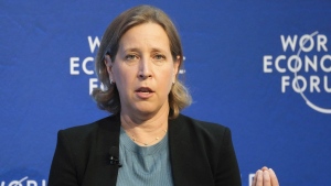 YouTube CEO Susan Wojcicki speakes during a conversation at the World Economic Forum in Davos, Switzerland, on May 24, 2022. (AP Photo/Markus Schreiber)