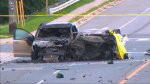 Two vehicles were engulfed in flames following a collision in Oshawa on Saturday, Aug. 10, 2024. (CTV News Toronto)