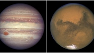 This combination image, created from two photos provided by NASA, shows Jupiter pictured on April 3, 2017, left, and Mars pictured on Aug. 26, 2003, right. (NASA via AP)