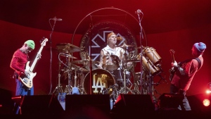 Members of the Red Hot Chili Peppers from left to right, Flea, Chad Smith, and John Frusciante perform during the Global Citizen Festival on Sept. 23, 2023, at Central Park in New York. (AP Photo/Yuki Iwamura, File)