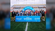 The Whitecaps FC Girls Elite team celebrate its League1 Canada Inter-Provincial Championship after defeating CS Mont-Royal Outremont 3-2 in a penalty shootout in Hamilton, Ont., in a Sunday, Aug. 11, 2024, handout photo. THE CANADIAN PRESS/HO-Vancouver Whitecaps, Shea MacNeil