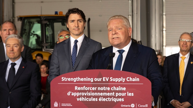 Ontario Premier Doug Ford is joined by Prime Minister Justin Trudeau and the President of Japan's Asahi Kasei Corp., Koshiro Kudo in Port Colborne, Ont., on Tuesday, May 14, 2024. 