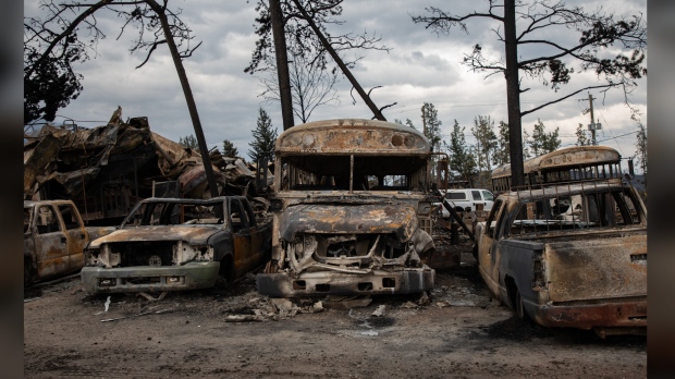 Burnt buses and cars in Jasper, Alta.